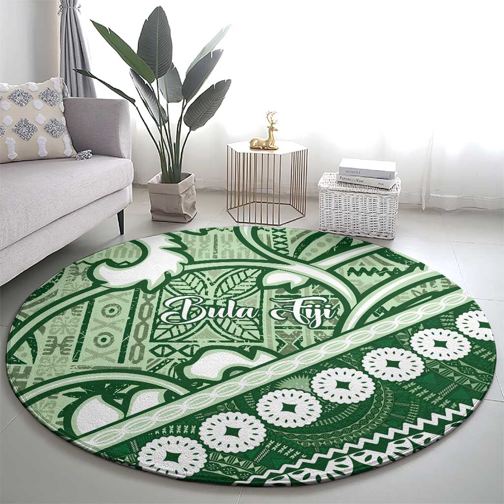 Green Bula Fiji Round Carpet Fijian Language Week Tapa Cloth - Pastel LT14 - Polynesian Pride