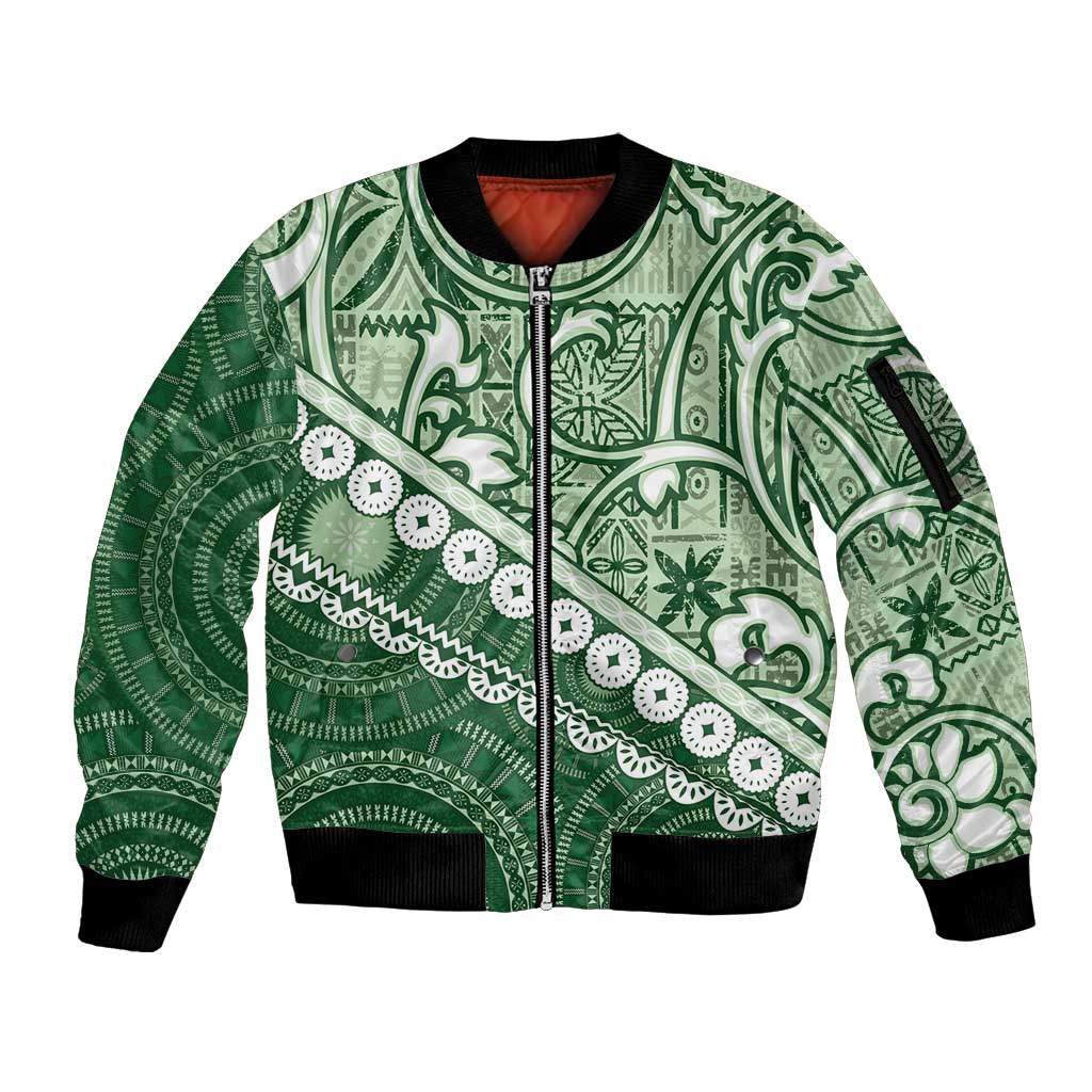 Green Bula Fiji Sleeve Zip Bomber Jacket Fijian Language Week Tapa Cloth - Pastel