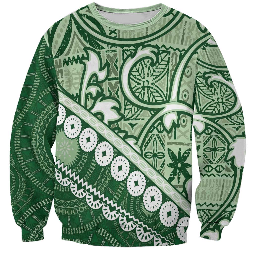 Green Bula Fiji Sweatshirt Fijian Language Week Tapa Cloth - Pastel LT14 Unisex Green - Polynesian Pride