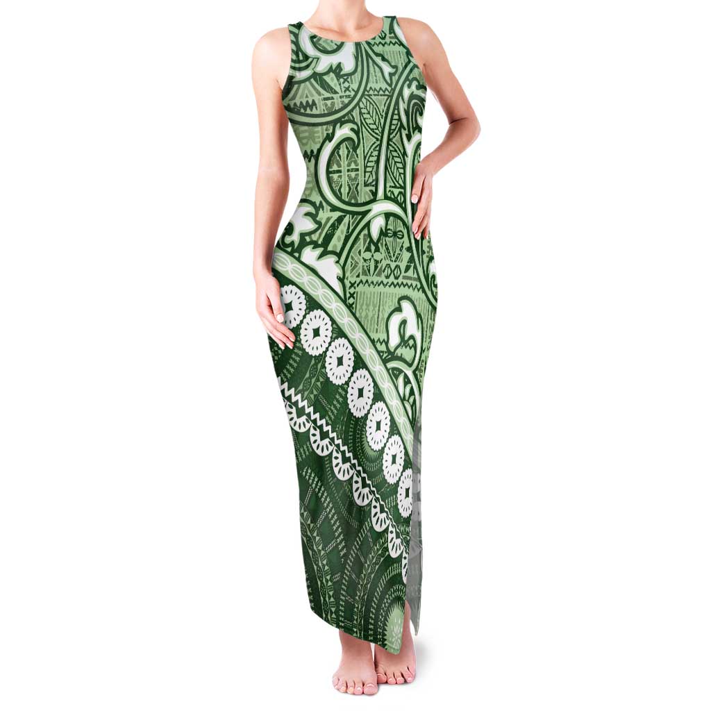 Green Bula Fiji Tank Maxi Dress Fijian Language Week Tapa Cloth - Pastel LT14 Women Green - Polynesian Pride
