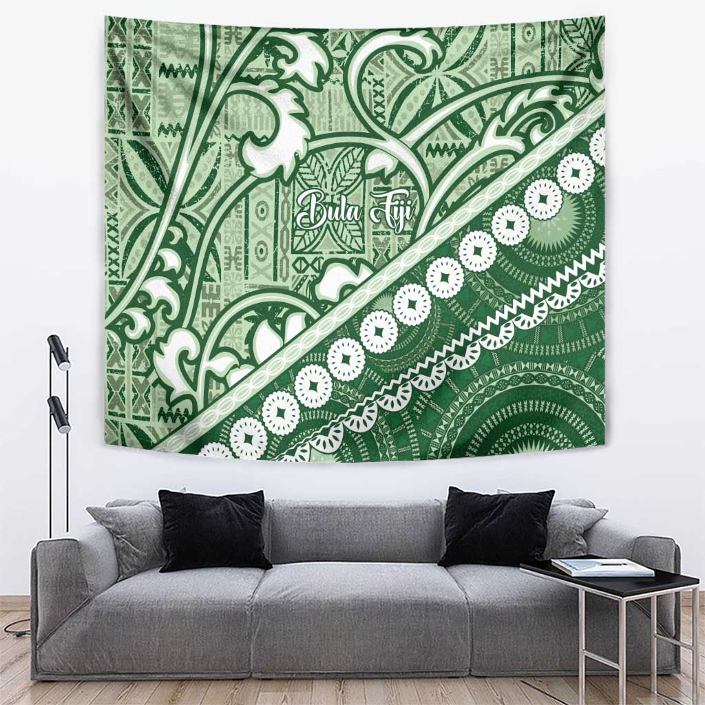 Green Bula Fiji Tapestry Fijian Language Week Tapa Cloth - Pastel LT14 Green - Polynesian Pride