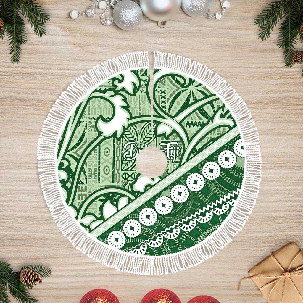 Green Bula Fiji Tree Skirt Fijian Language Week Tapa Cloth - Pastel LT14 Fringed Green - Polynesian Pride