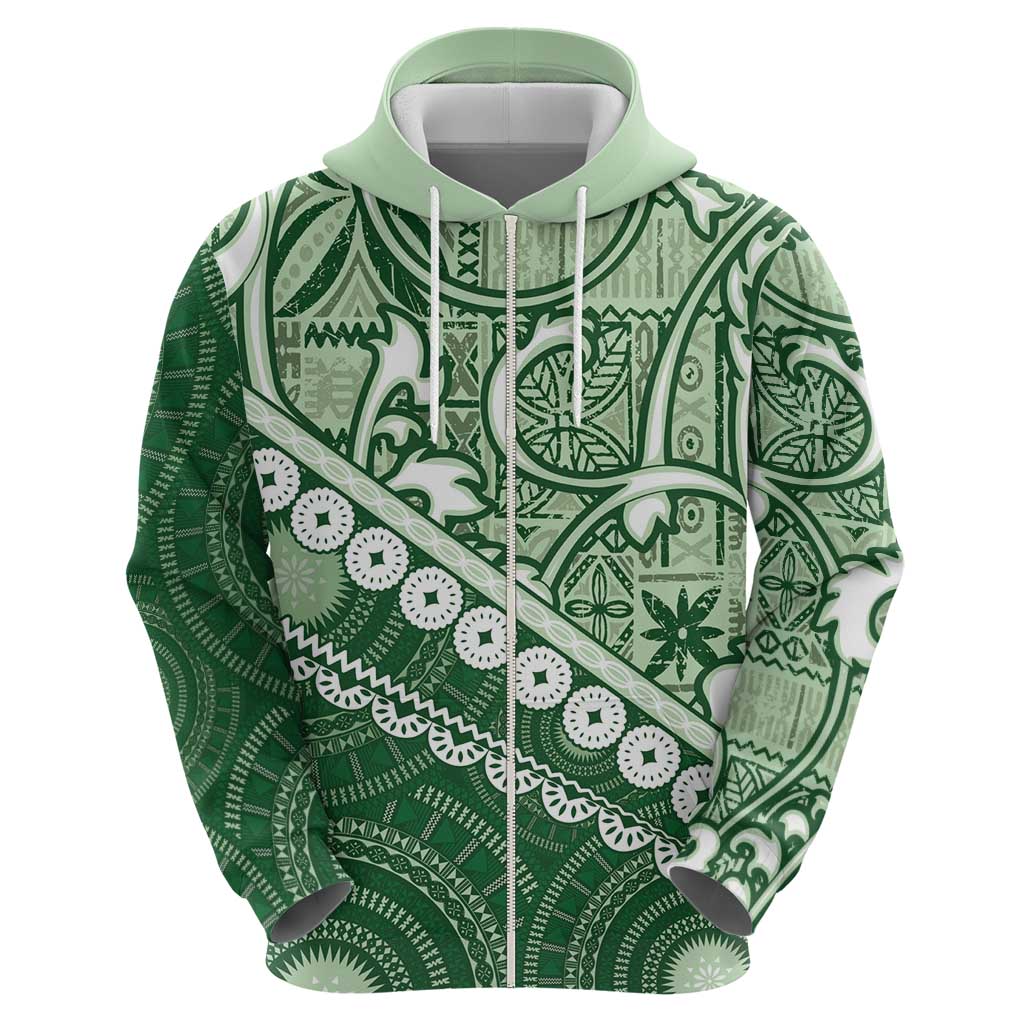 Green Bula Fiji Zip Hoodie Fijian Language Week Tapa Cloth - Pastel LT14 - Polynesian Pride