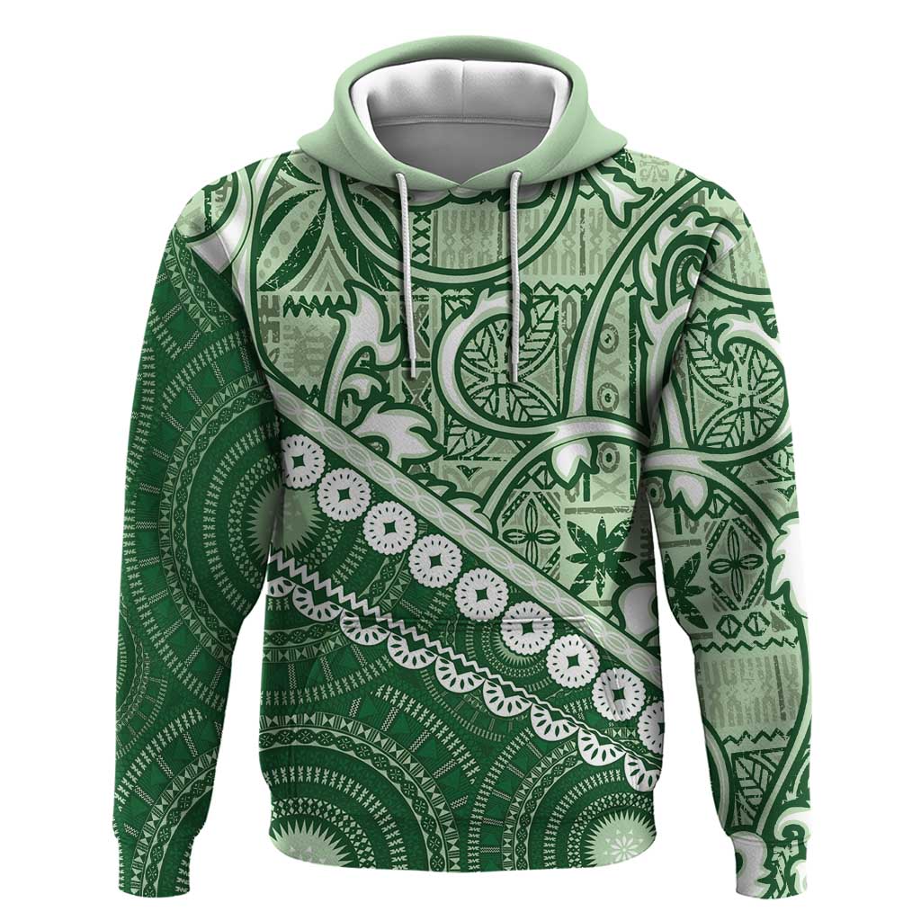 Green Bula Fiji Zip Hoodie Fijian Language Week Tapa Cloth - Pastel LT14 Pullover Hoodie Green - Polynesian Pride