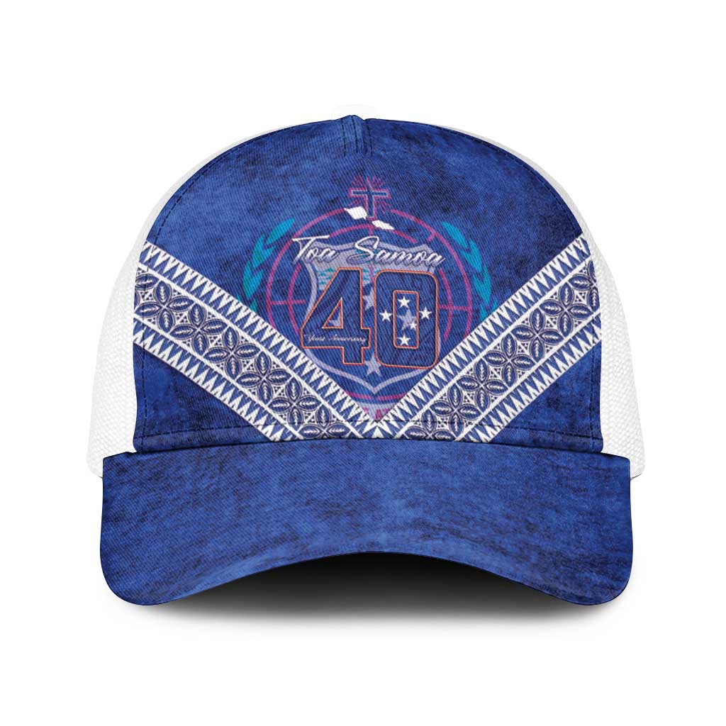 Toa Samoa Rugby Baseball Net Cap 40th Anniversary Samoan Siapo Pattern LT14 One Size White Blue - Polynesian Pride