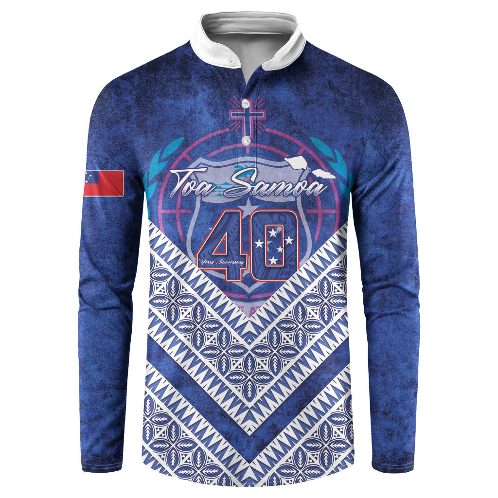 Toa Samoa Rugby Custom Button Sweatshirt 40th Anniversary Samoan Siapo Pattern LT14 Blue - Polynesian Pride