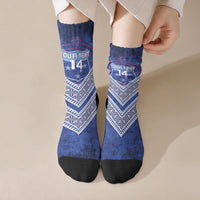 Toa Samoa Rugby Custom Crew Socks 40th Anniversary Samoan Siapo Pattern LT14 Crew Socks Blue - Polynesian Pride