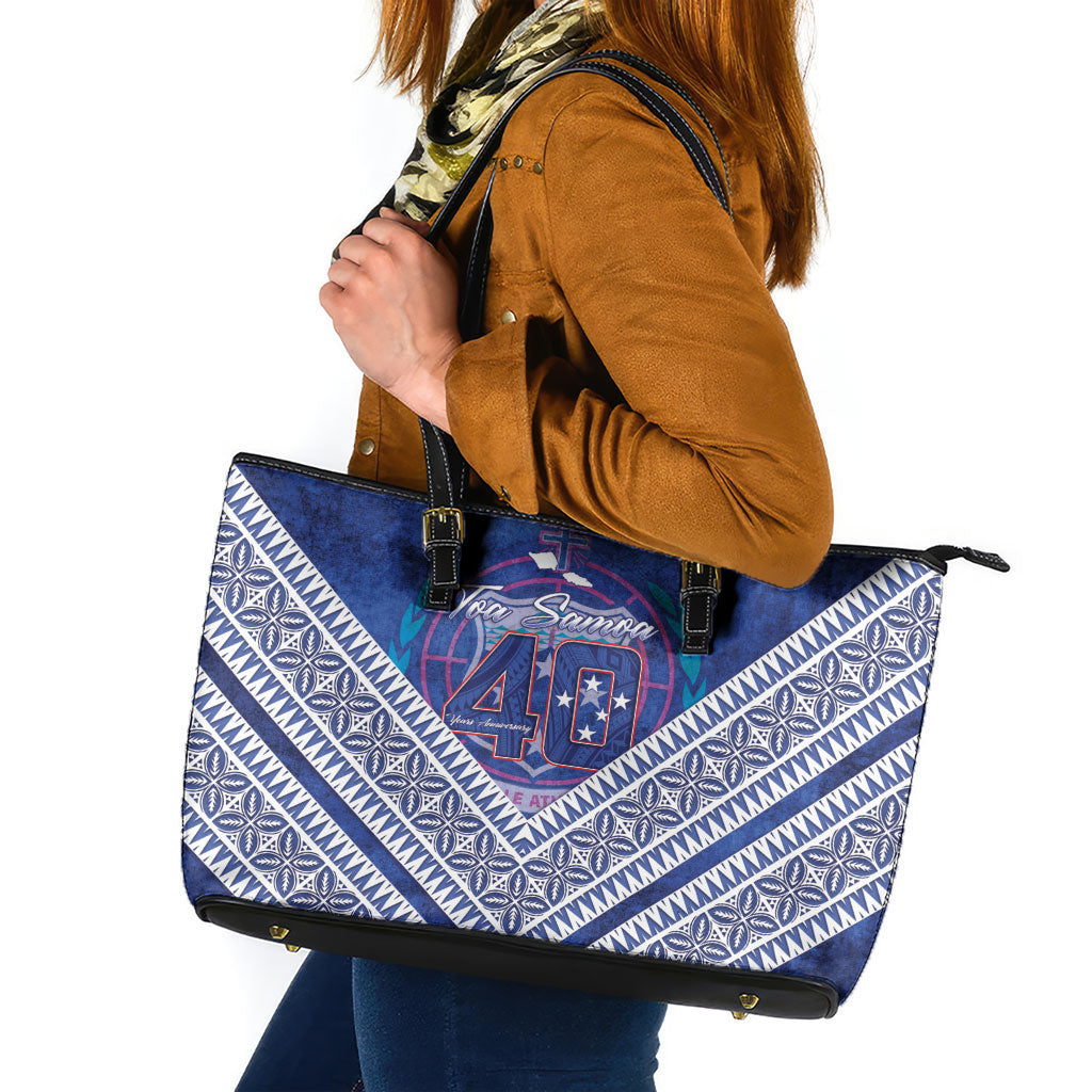Toa Samoa Rugby Leather Tote Bag 40th Anniversary Samoan Siapo Pattern LT14 Blue - Polynesian Pride