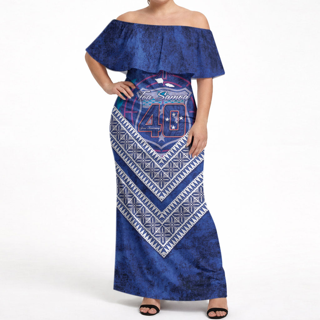 Toa Samoa Rugby Custom Off Shoulder Maxi Dress 40th Anniversary Samoan Siapo Pattern LT14 Women Blue - Polynesian Pride