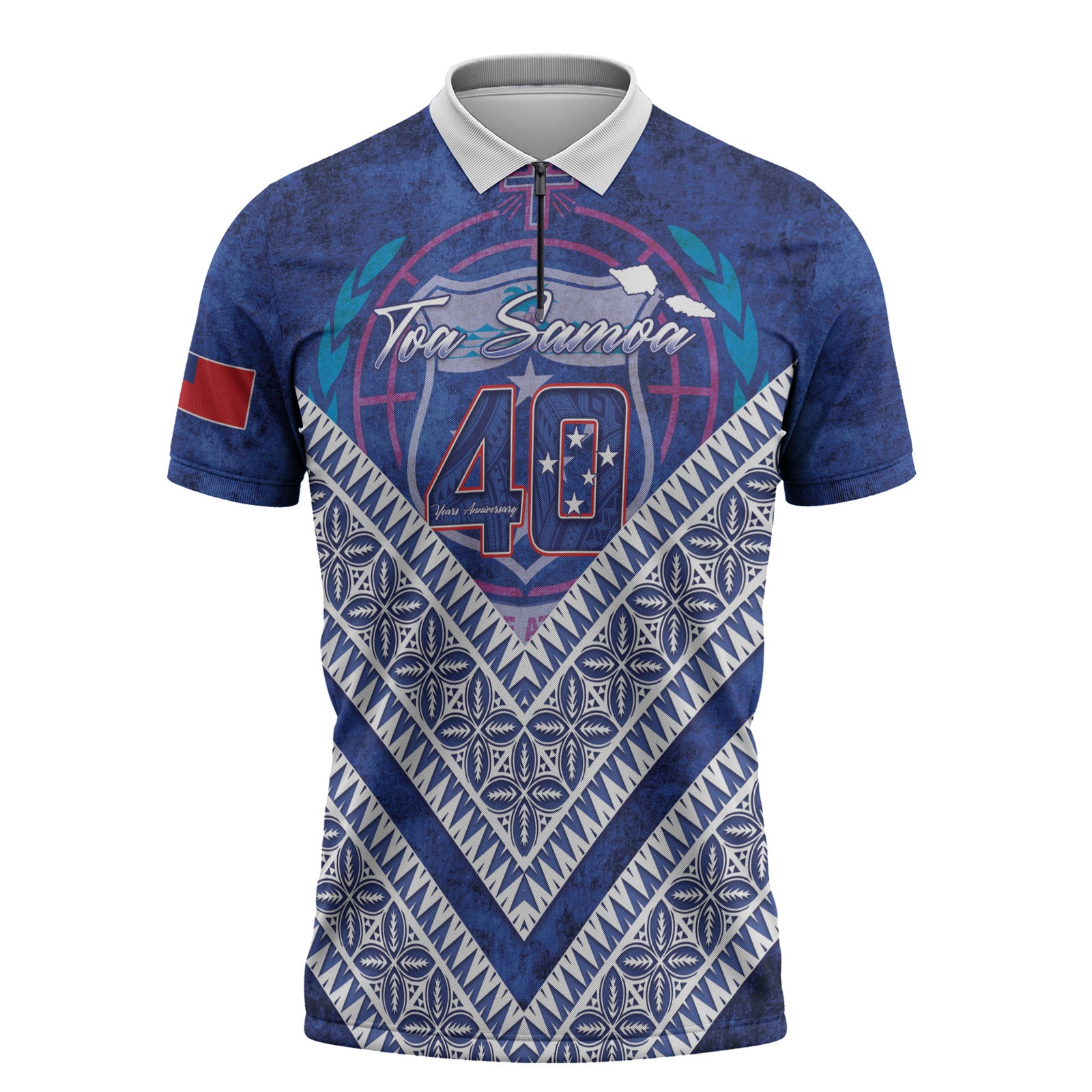 Toa Samoa Rugby Custom Zipper Polo Shirt 40th Anniversary Samoan Siapo Pattern LT14 Blue - Polynesian Pride