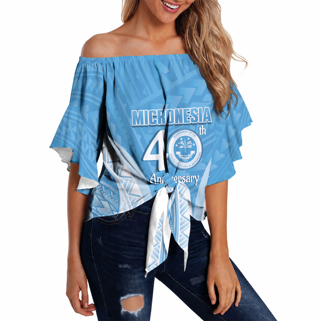 Federated States of Micronesia Independence Day Off Shoulder Wrap Waist Top FSM 40th Anniversary Proud LT14 Blue - Polynesian Pride