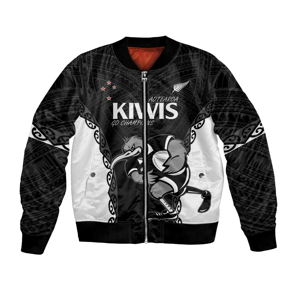 Aotearoa Rugby Custom Bomber Jacket Maori Kiwi - Mascot Style LT14 Unisex Black - Polynesian Pride