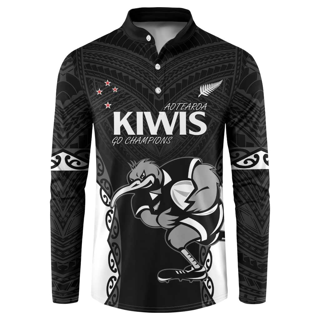 Aotearoa Rugby Custom Button Sweatshirt Maori Kiwi - Mascot Style LT14 Black - Polynesian Pride