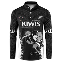 Aotearoa Rugby Custom Button Sweatshirt Maori Kiwi - Mascot Style LT14 Black - Polynesian Pride
