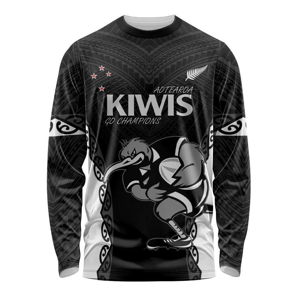 Aotearoa Rugby Custom Long Sleeve Shirt Maori Kiwi - Mascot Style LT14 Unisex Black - Polynesian Pride