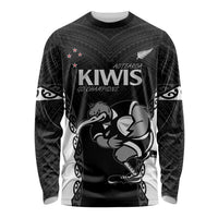 Aotearoa Rugby Custom Long Sleeve Shirt Maori Kiwi - Mascot Style LT14 Unisex Black - Polynesian Pride