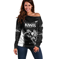 Aotearoa Rugby Custom Off Shoulder Sweater Maori Kiwi - Mascot Style LT14 Women Black - Polynesian Pride