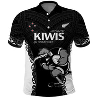 Aotearoa Rugby Custom Polo Shirt - Maori Kiwi Mascot Style LT14 Black - Polynesian Pride
