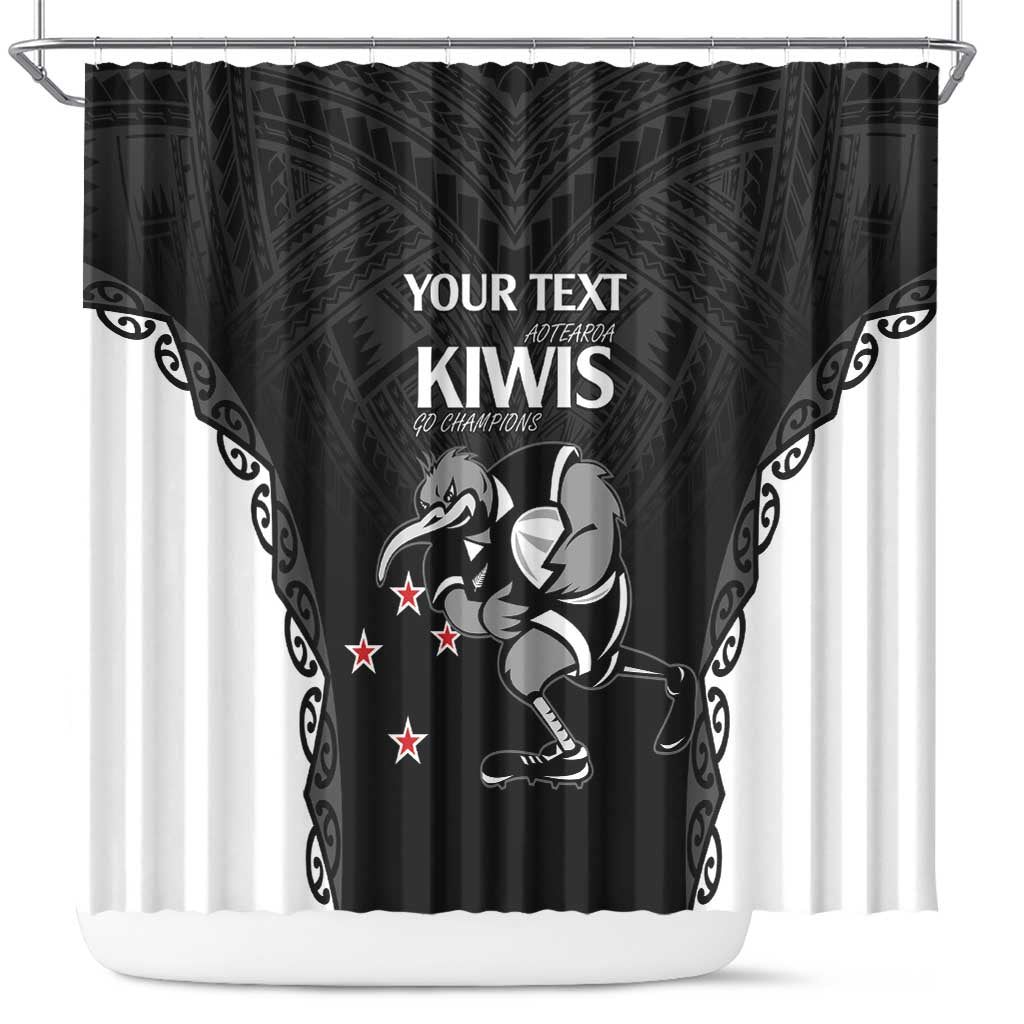 Aotearoa Rugby Custom Shower Curtain Maori Kiwi - Mascot Style LT14 Black - Polynesian Pride