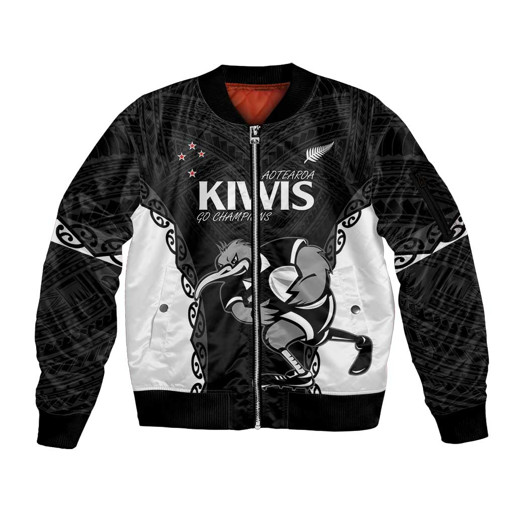 Aotearoa Rugby Custom Sleeve Zip Bomber Jacket Maori Kiwi - Mascot Style LT14 Unisex Black - Polynesian Pride