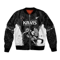 Aotearoa Rugby Custom Sleeve Zip Bomber Jacket Maori Kiwi - Mascot Style LT14 Unisex Black - Polynesian Pride