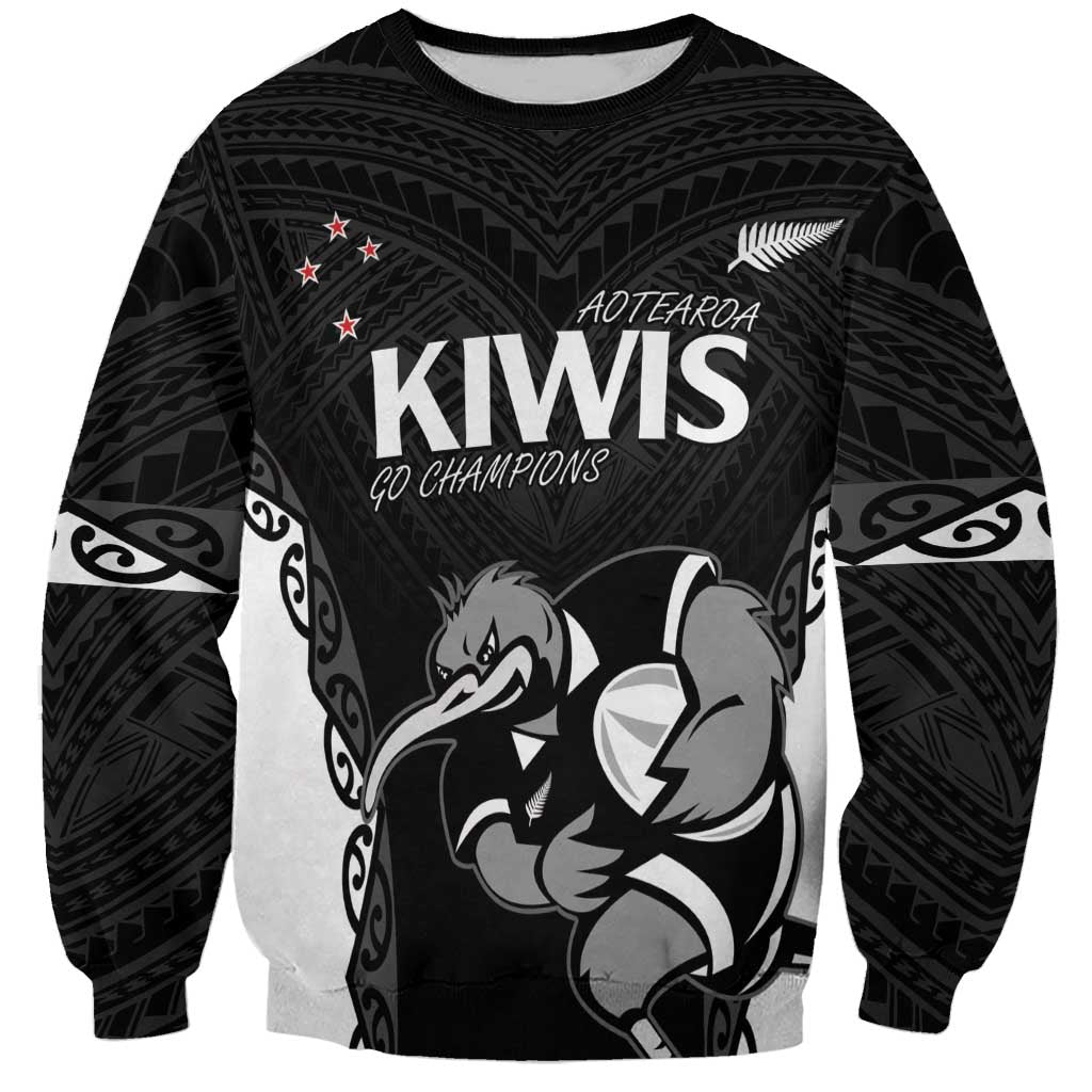 Aotearoa Rugby Custom Sweatshirt Maori Kiwi - Mascot Style LT14 Unisex Black - Polynesian Pride