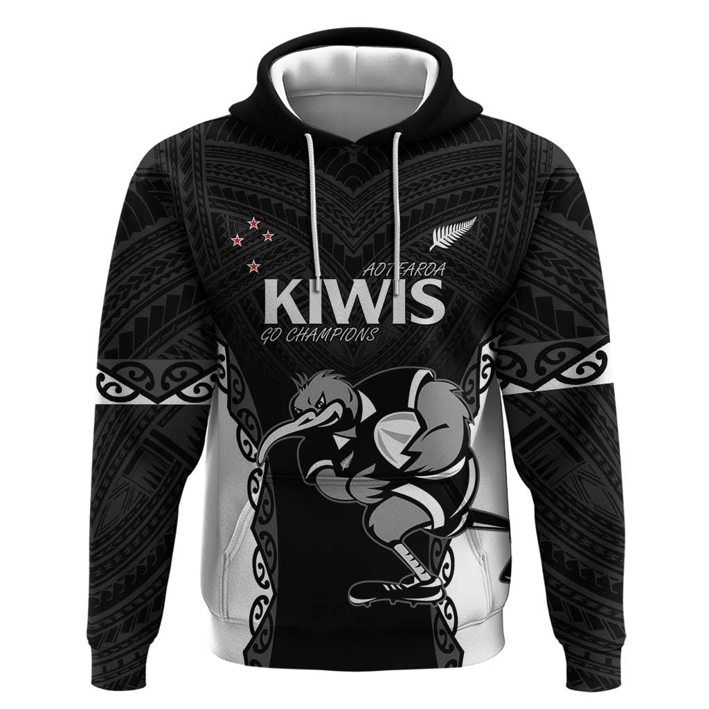 Aotearoa Rugby Custom Zip Hoodie Maori Kiwi - Mascot Style LT14 Pullover Hoodie Black - Polynesian Pride