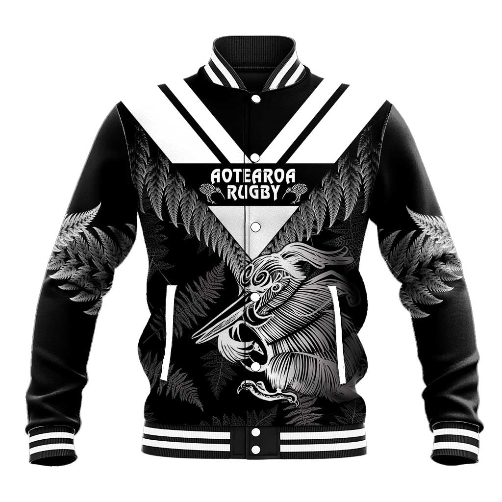 Aotearoa Silver Fern Rugby Custom Baseball Jacket 2024 Go Kiwi LT14 Unisex Black - Polynesian Pride