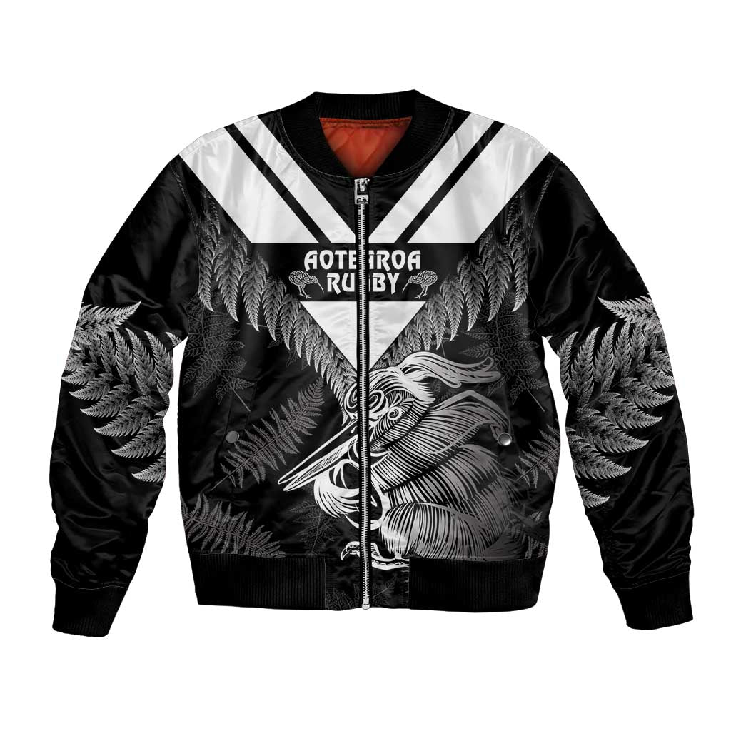 Aotearoa Silver Fern Rugby Custom Bomber Jacket 2024 Go Kiwi LT14 Unisex Black - Polynesian Pride