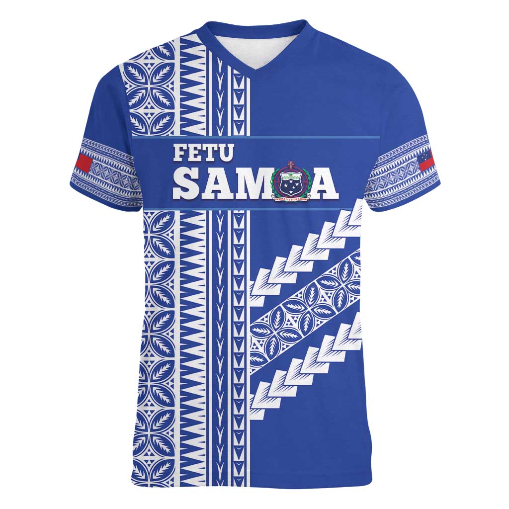 Fetu Samoa Rugby Custom Women V-Neck T-Shirt Siapo Pattern - Sporty Style LT14 Female Blue - Polynesian Pride