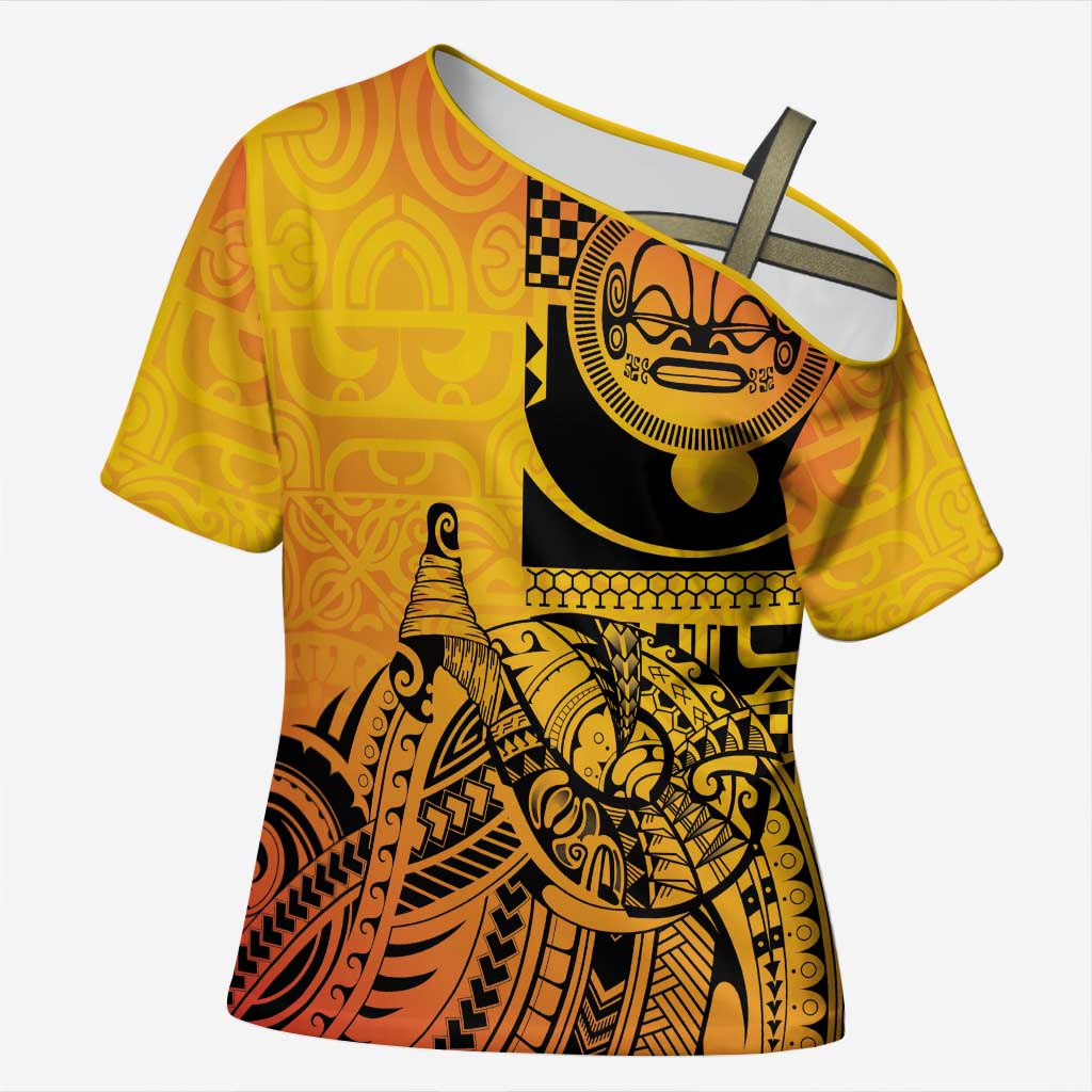 Marquesas Islands Cross Shoulder Shirt Marquesan Matatiki Fish Hook Patutiki LT14 Female Yellow - Polynesian Pride