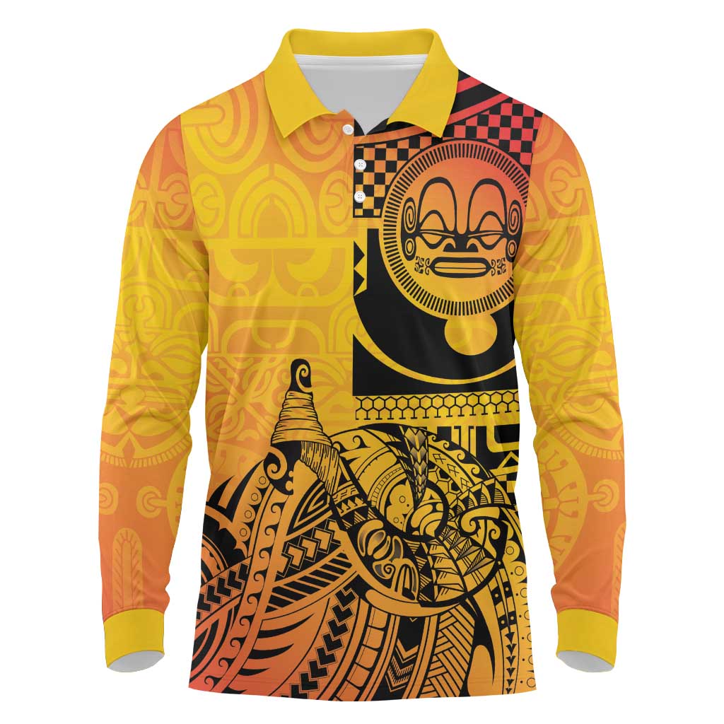 Marquesas Islands Long Sleeve Polo Shirt Marquesan Matatiki Fish Hook Patutiki LT14 Yellow - Polynesian Pride