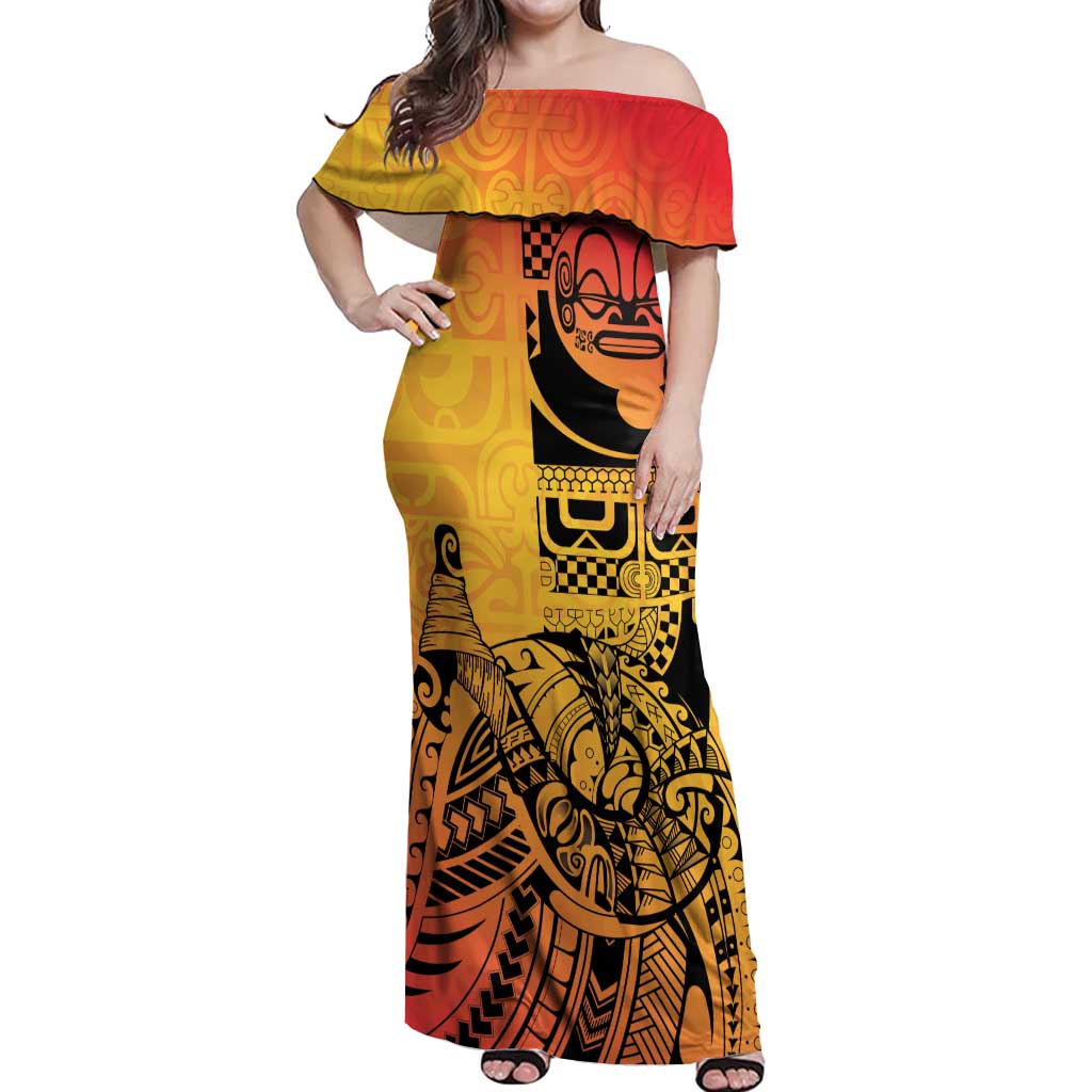 Marquesas Islands Off Shoulder Maxi Dress Marquesan Matatiki Fish Hook Patutiki LT14 Women Yellow - Polynesian Pride