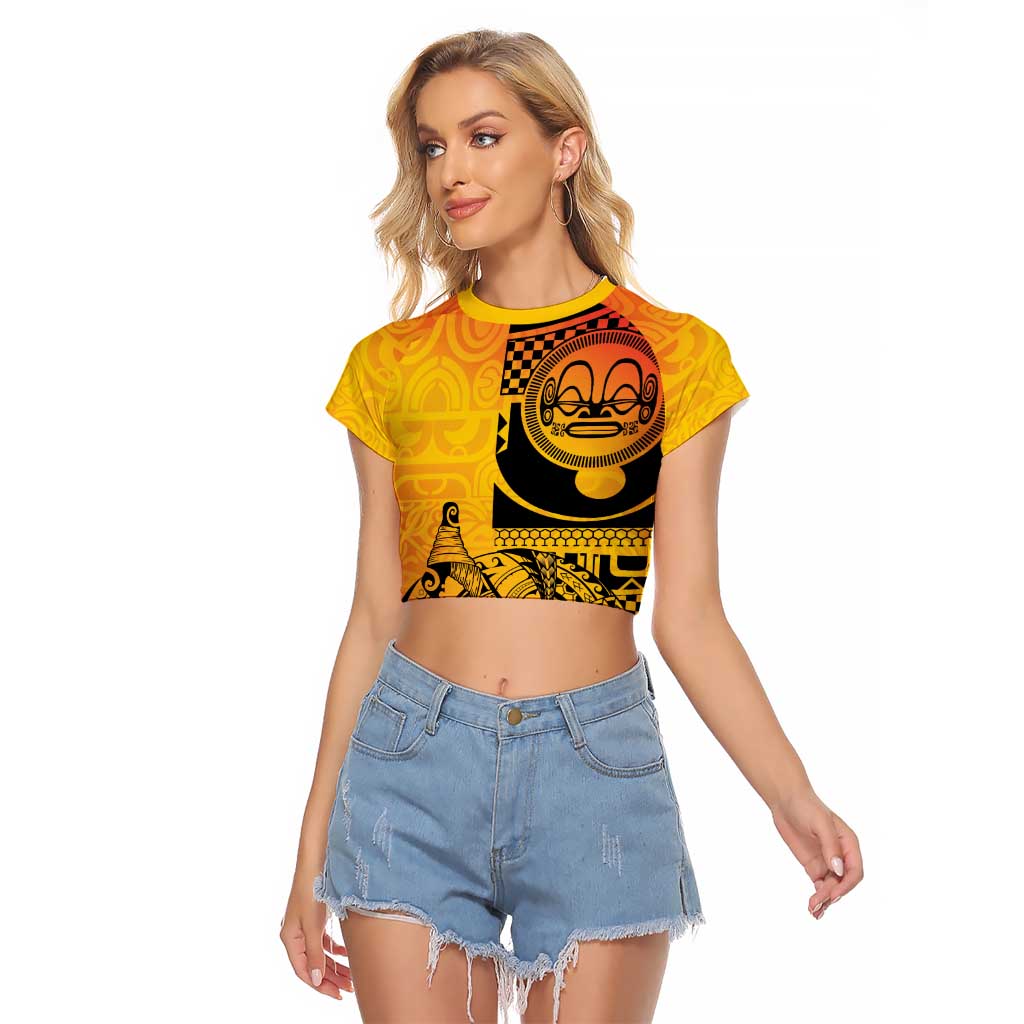 Marquesas Islands Raglan Cropped T Shirt Marquesan Matatiki Fish Hook Patutiki LT14 Female Yellow - Polynesian Pride