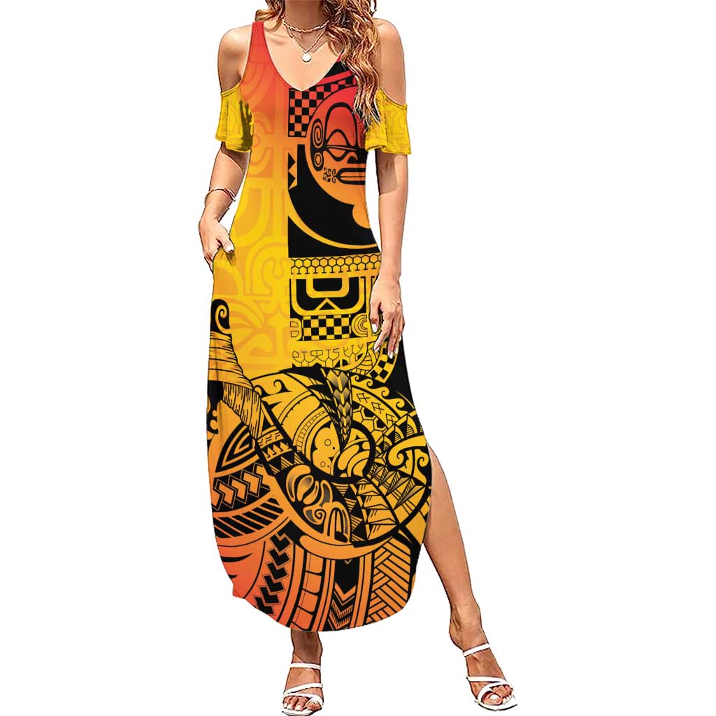 Marquesas Islands Summer Maxi Dress Marquesan Matatiki Fish Hook Patutiki LT14 Women Yellow - Polynesian Pride