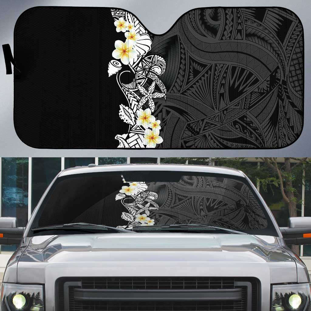 Black Samoa Tattoo Auto Sun Shade Plumeria Samoan Ocean Tatau Pattern LT14 Black - Polynesian Pride