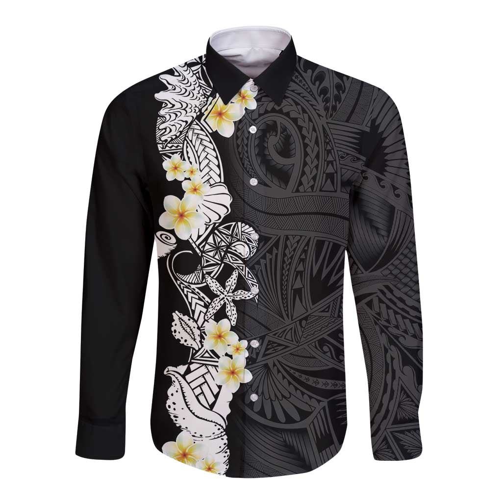 Black Samoa Tattoo Long Sleeve Button Shirt Plumeria Samoan Ocean Tatau Pattern LT14 Unisex Black - Polynesian Pride