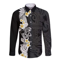 Black Samoa Tattoo Long Sleeve Button Shirt Plumeria Samoan Ocean Tatau Pattern LT14 Unisex Black - Polynesian Pride