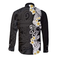 Black Samoa Tattoo Long Sleeve Button Shirt Plumeria Samoan Ocean Tatau Pattern LT14 - Polynesian Pride