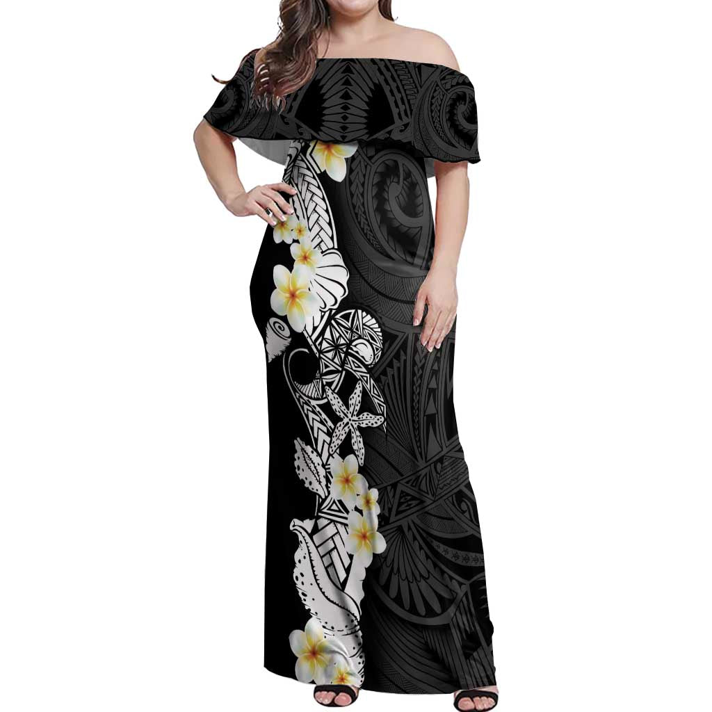 Black Samoa Tattoo Off Shoulder Maxi Dress Plumeria Samoan Ocean Tatau Pattern LT14 Women Black - Polynesian Pride