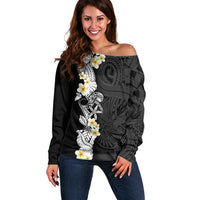 Black Samoa Tattoo Off Shoulder Sweater Plumeria Samoan Ocean Tatau Pattern LT14 Women Black - Polynesian Pride