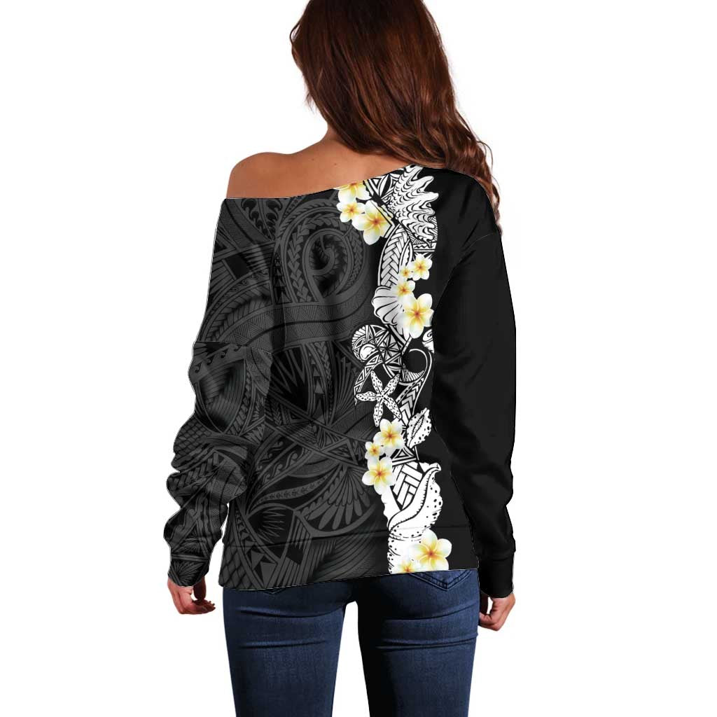 Black Samoa Tattoo Off Shoulder Sweater Plumeria Samoan Ocean Tatau Pattern LT14 - Polynesian Pride