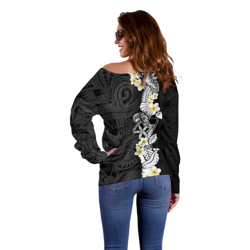 Black Samoa Tattoo Off Shoulder Sweater Plumeria Samoan Ocean Tatau Pattern LT14 - Polynesian Pride