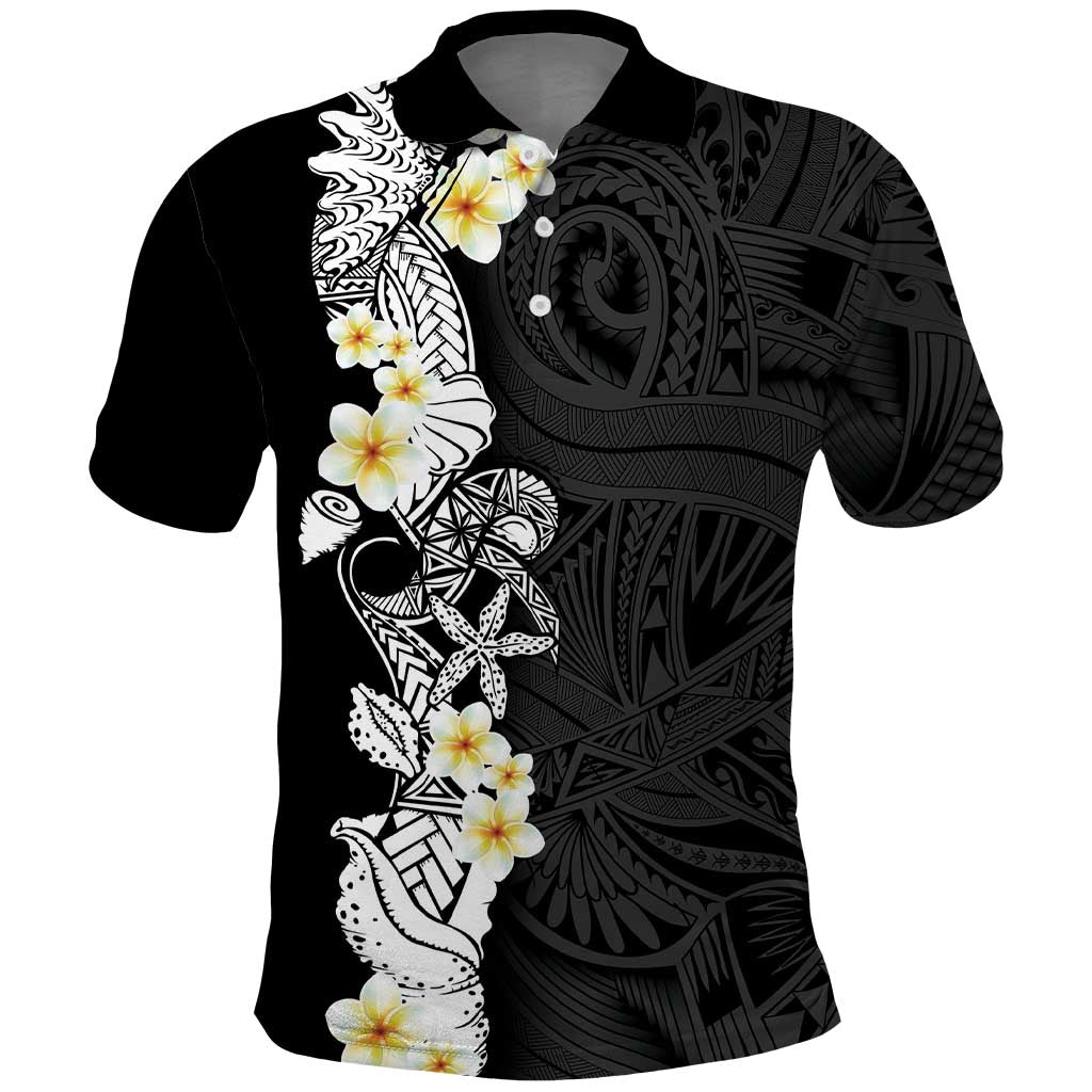 Black Samoa Tattoo Polo Shirt Plumeria Samoan Ocean Tatau Pattern LT14 Black - Polynesian Pride
