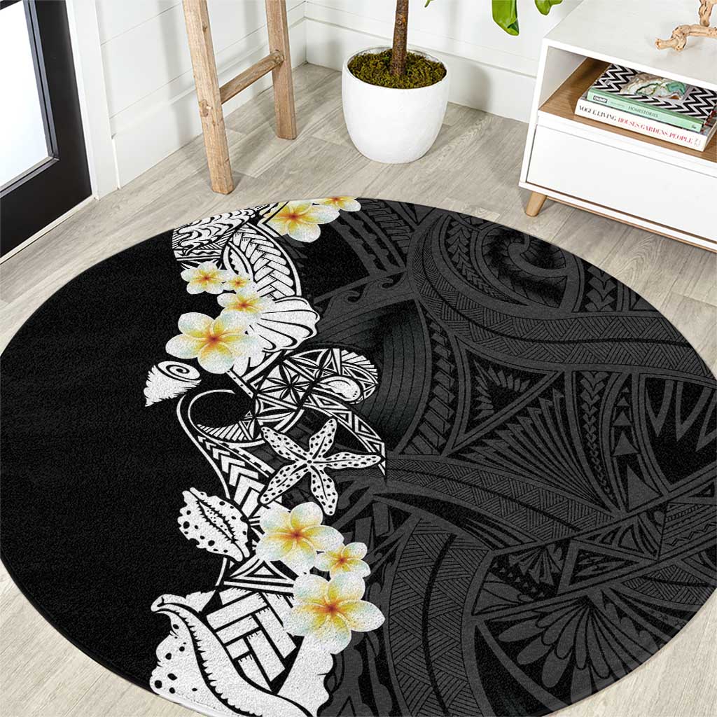 Black Samoa Tattoo Round Carpet Plumeria Samoan Ocean Tatau Pattern LT14 Black - Polynesian Pride
