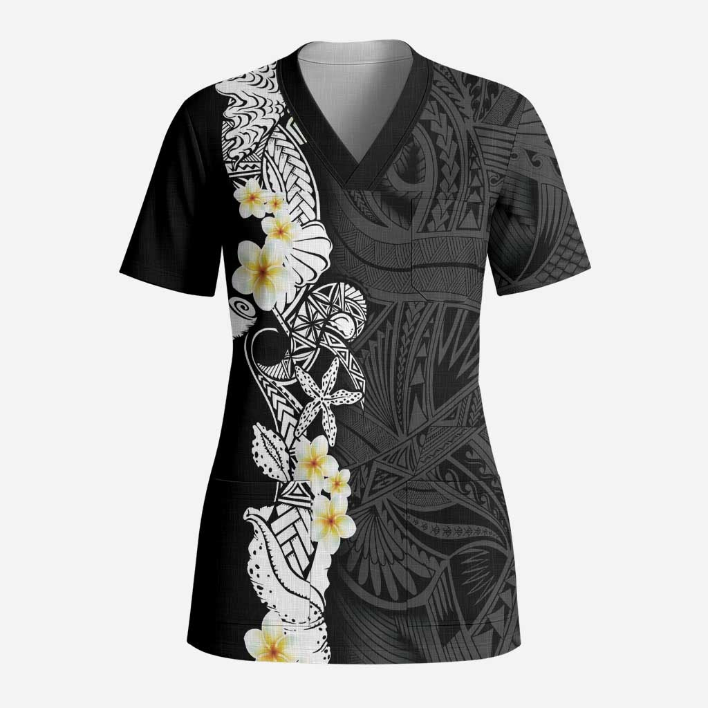Black Samoa Tattoo Scrub Top Plumeria Samoan Ocean Tatau Pattern LT14 Adult Black - Polynesian Pride