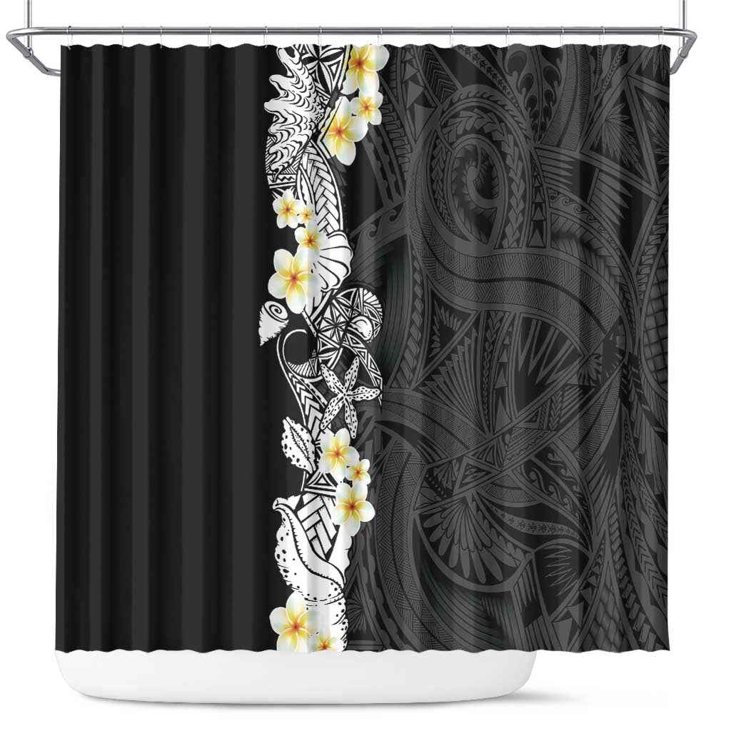 Black Samoa Tattoo Shower Curtain Plumeria Samoan Ocean Tatau Pattern LT14 Black - Polynesian Pride