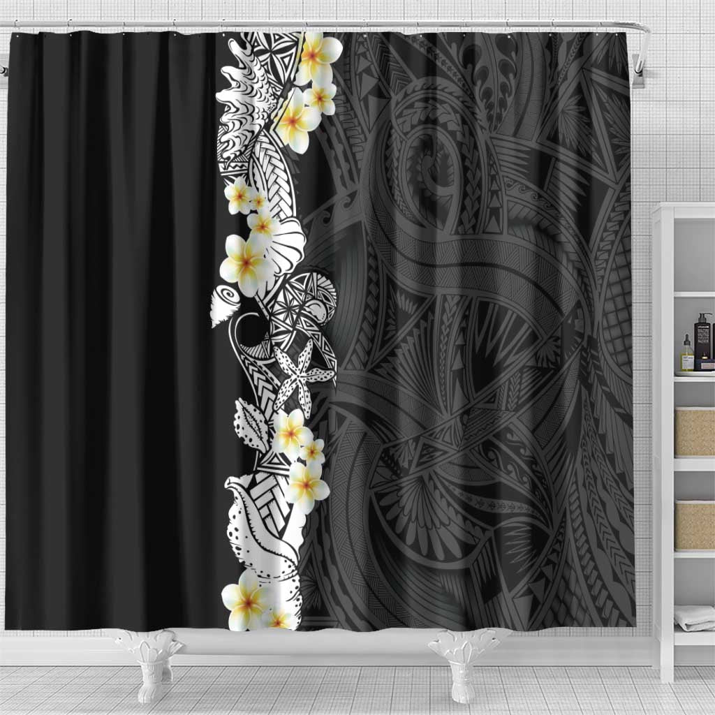 Black Samoa Tattoo Shower Curtain Plumeria Samoan Ocean Tatau Pattern LT14 - Polynesian Pride