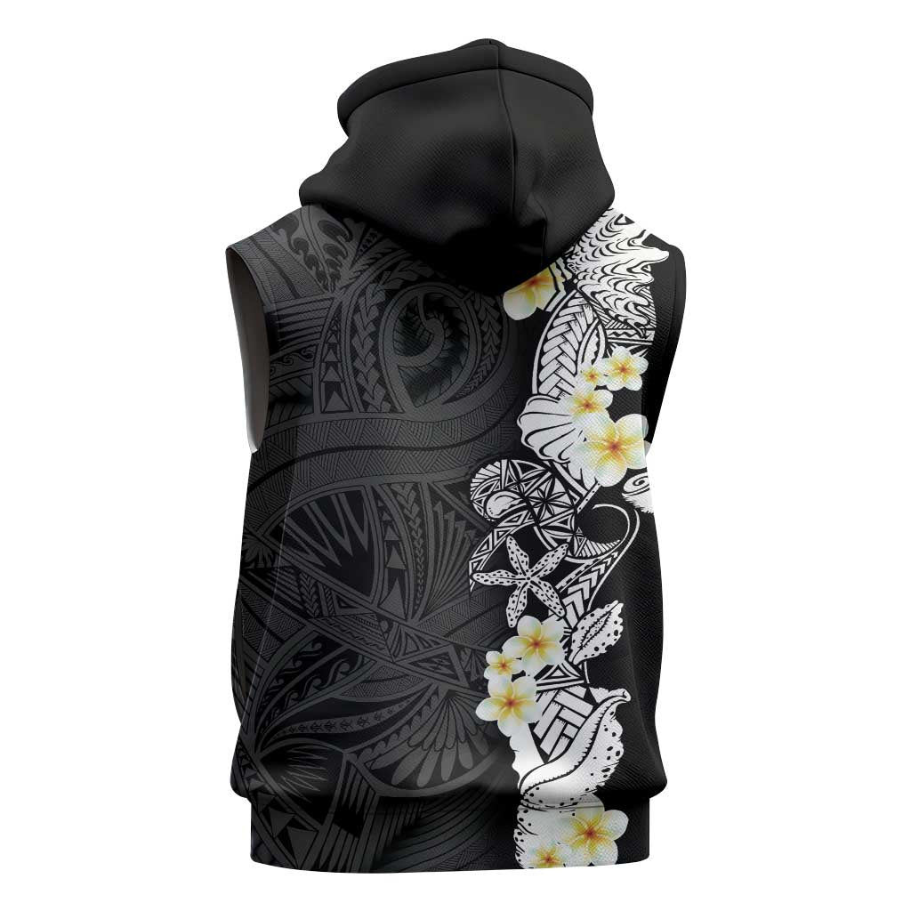 Black Samoa Tattoo Sleeveless Hoodie Plumeria Samoan Ocean Tatau Pattern LT14 - Polynesian Pride