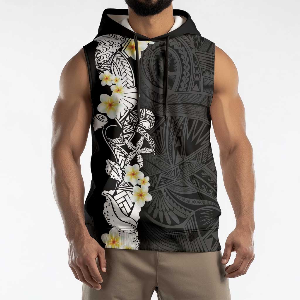 Black Samoa Tattoo Sleeveless Hoodie Plumeria Samoan Ocean Tatau Pattern LT14 - Polynesian Pride